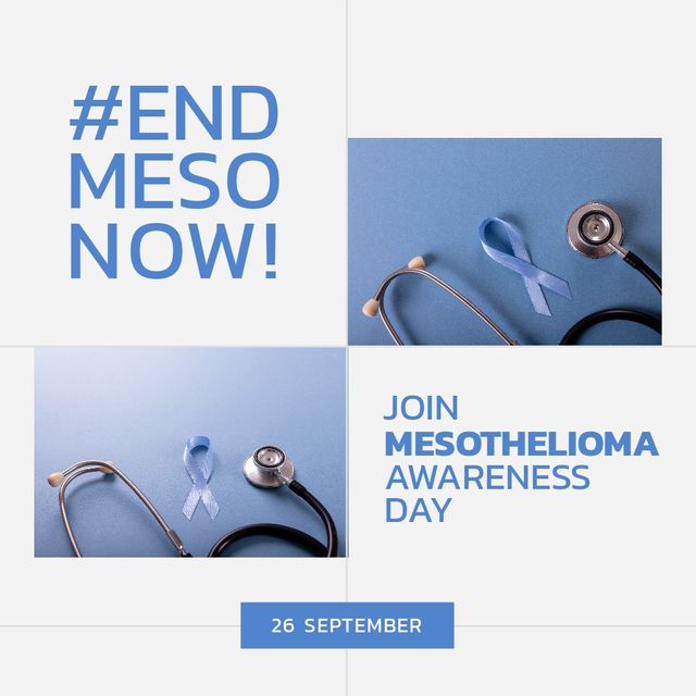 Mesothelioma awareness day text banner over stethoscope and blue ribbon against white background. Mesothelioma awareness day concept