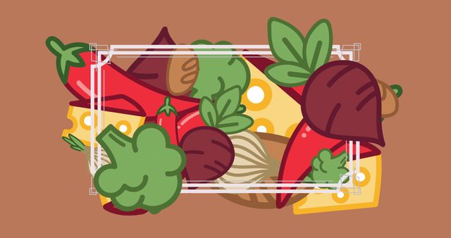 Illustration of frame with various vegetables, beetroots, broccoli, eggplants on peach background. Computer graphic, vector, food and drink, healthy eating, freshness.