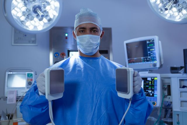 Front view of male surgeon standing with defibrillator in operation room at the hospital