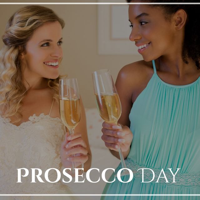 Digital composite image of smiling young multiracial women toasting wine with prosecco day text. Sparkling wine, summer, celebration, enjoyment, holiday, national prosecco day.
