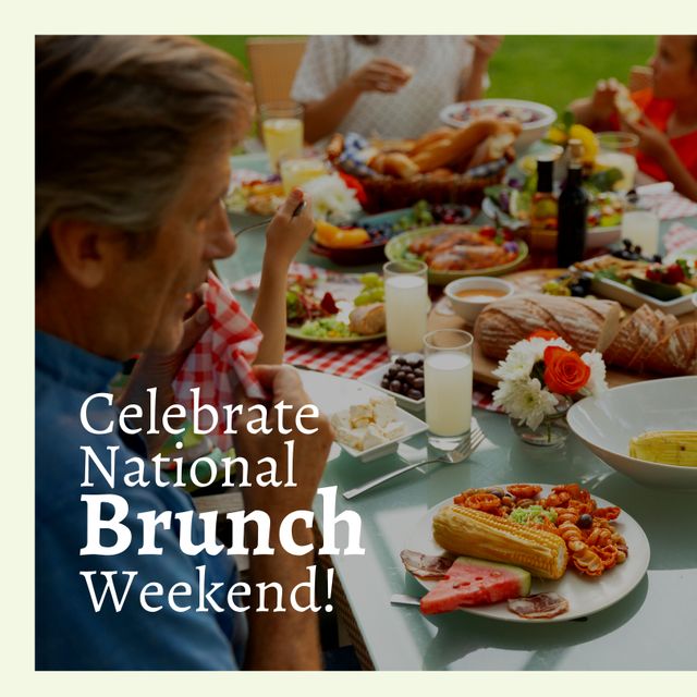 Composition of national brunch weekend text over caucasian family having dinner. National brunch weekend and celebration concept digitally generated image.