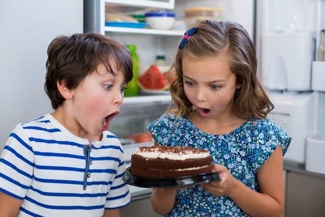 Surprised siblings looking at cake in kitchen at home