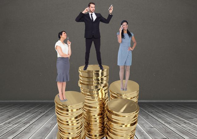 Businesspeople standing on stacked coins against grey background - Download Free Stock Photos Pikwizard.com