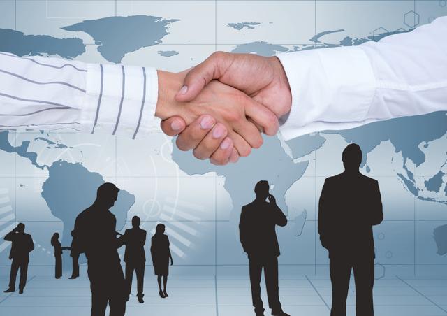 Businesspeople shaking hands against map background - Download Free Stock Photos Pikwizard.com