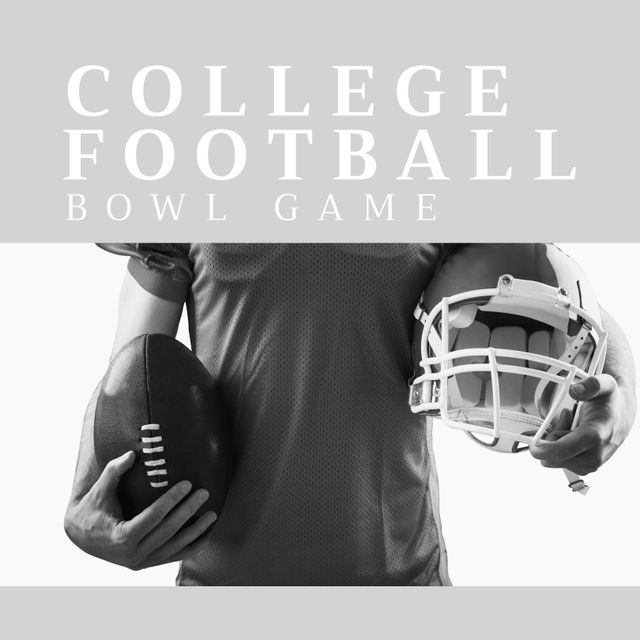 Composition of college football bowl game text and caucasian male player holding helmet and ball. College football bowl game, sports and competition concept digitally generated video.