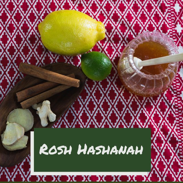 Composite of rosh hashanah text with honey, citrus fruits, cinnamon and ginger on red table. Sweet, new year, holiday, tradition, jewish festival, culture and religious celebration concept.
