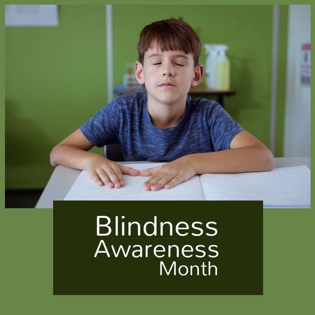 Square image of blindness awareness month text with hands and boy reading braille alphabet. Blindness awareness month campaign.