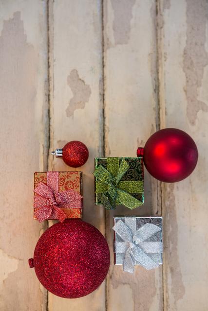 Christmas decoration on wooden plank during christmas time