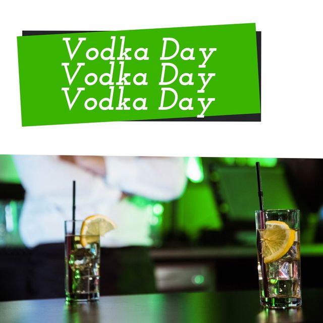 Square image of national vodka day with text with two drinks with lemon. National vodka day campaign.