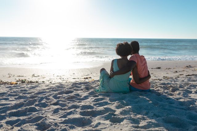 Rear view of african american couple sitting with arms around at beach looking horizon during sunset - Download Free Stock Photos Pikwizard.com