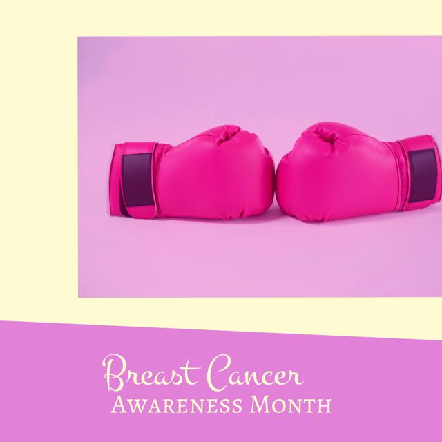 Composition of breast cancer awareness month over pink boxing gloves on purple background - Download Free Stock Templates Pikwizard.com