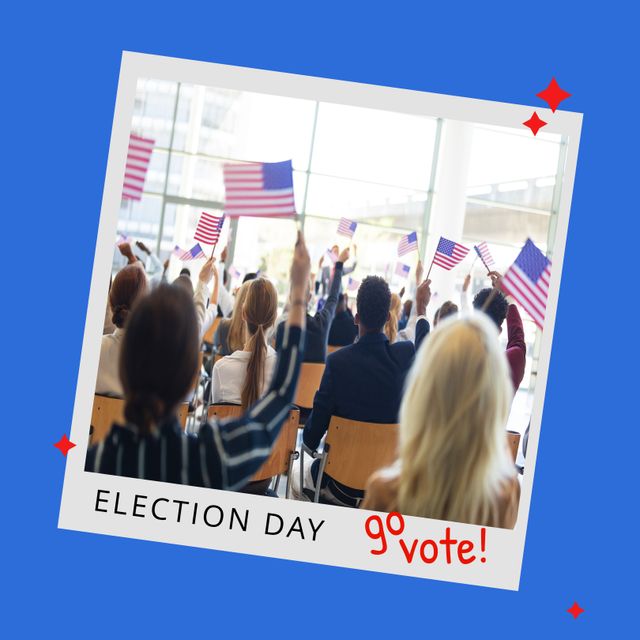Rear view of multiracial citizens holding flag of america with election day text in blue frame. Copy space, digital composite, exercising civic duty, voting, law, holiday, democratic right.