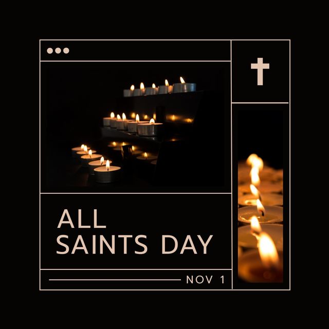 Composition of all saints day text over candles on black background. Global religion and faith concept digitally generated image.