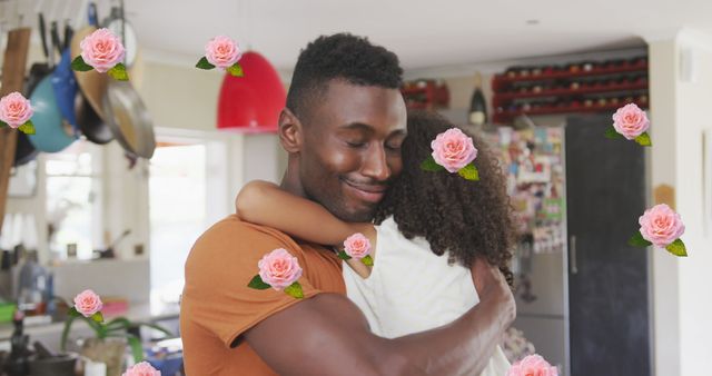 Image of roses over african american father hugging his daughter - Download Free Stock Photos Pikwizard.com