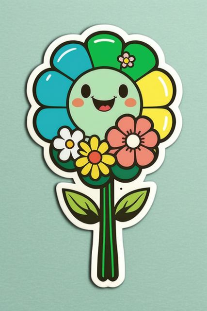 Composition of colorful kawaii cartoon flower sticker on green background. Stickers and pattern concept digitally generated image.