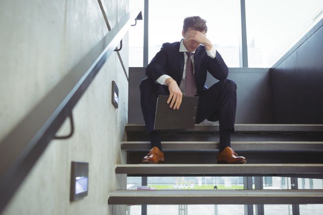 Depressed businessman with clipboard sitting on stairs - Download Free Stock Photos Pikwizard.com