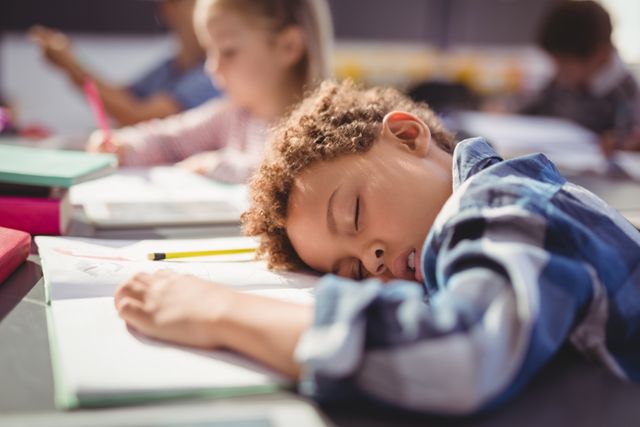 Tired schoolboy sleeping in classroom - Download Free Stock Photos Pikwizard.com