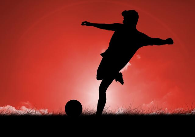 Digital composite image of silhouette male athlete playing football at dusk