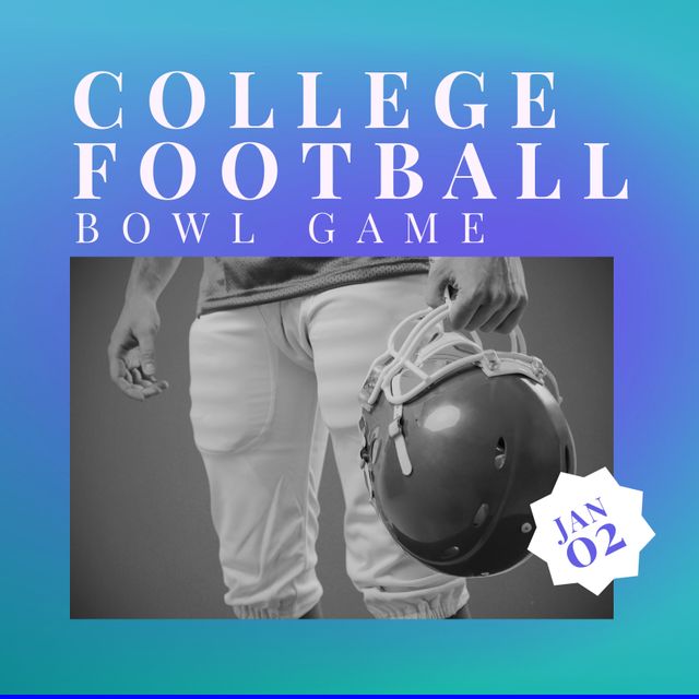 Composition of college football bowl game text and caucasian male player holding hemet. College football bowl game, sports and competition concept digitally generated video.