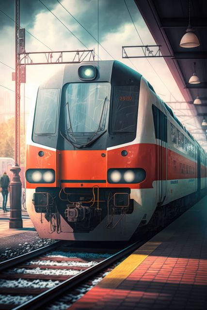 Image of modern white train on tracks at station with people, created using generative ai technology. Transport, travel and train, digitally generated image.