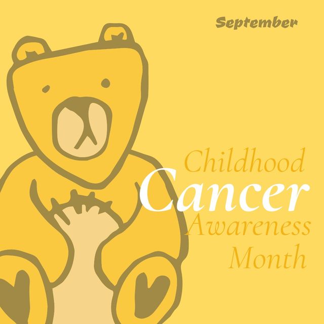 Teddy bear and september with childhood cancer awareness month text on yellow background. Illustration, toy, copy space, cancer, gold, yellow, disease, awareness, support, healthcare and prevention.