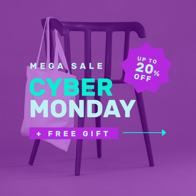 Square picture of cyber monday mega sale text over shopping bag on chair. Cyber monday campaign.