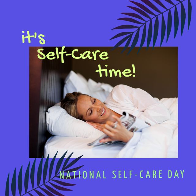 Composition of it's self-care time text and copy space over pattern and purple and brown background. National self-care day and mental health awareness concept digitally generated image.