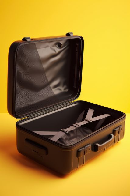 Open, empty black suitcase on yellow background, created using generative ai technology. Travel, exploration and vacations, digitally generated image.
