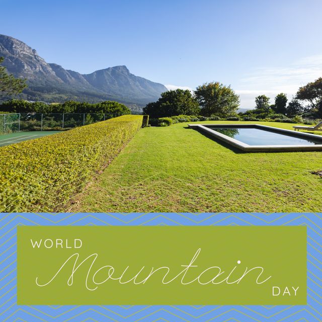 Composition of world mountain day text over landscape with garden, swimming pool and mountains. World mountain day, mountains and nature concept digitally generated image.