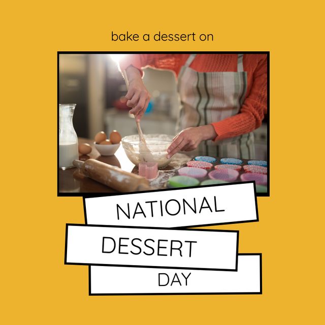 Composite of bake a dessert on national dessert day and midsection of caucasian woman mixing batter. Text, copy space, preparation, sweet food, indulgence and celebration concept.