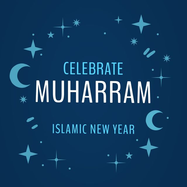 Vector image of celebrate muharram islamic new year text with various patterns on blue background. Illustration, islamic festival, celebration, tradition, holiday, new year, hijri new year.