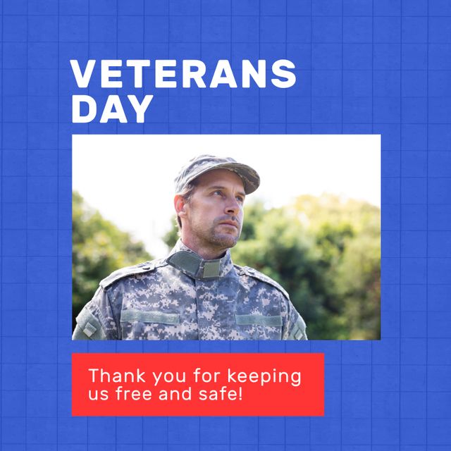 Composition of veterans day text over caucasian male soldier. Veterans day and celebration concept digitally generated image.