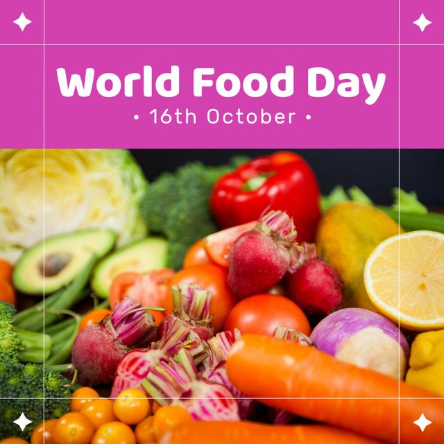 Image of world food day over pink background with vegetables. Food, nutrition and food production concept.
