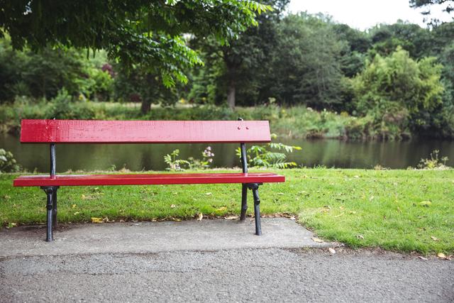 Empty red wooden bench at lakeside - Download Free Stock Photos Pikwizard.com
