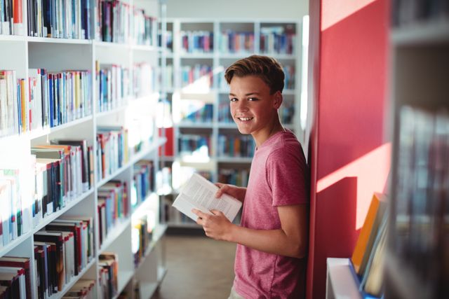 Portrait of happy schoolboy reading book in library - Download Free Stock Photos Pikwizard.com