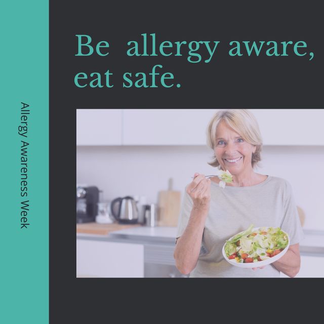 Composition of allergy awareness week text over caucasian woman eating salad. Allergy awareness week and healthcare concept digitally generated image.