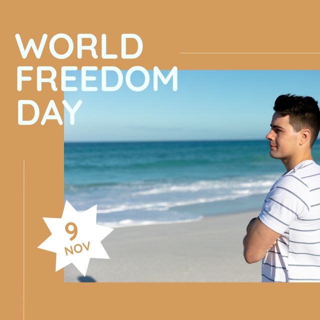 Image of world freedom day over caucasian man on beach. Freedom, holidays and vacation concept.