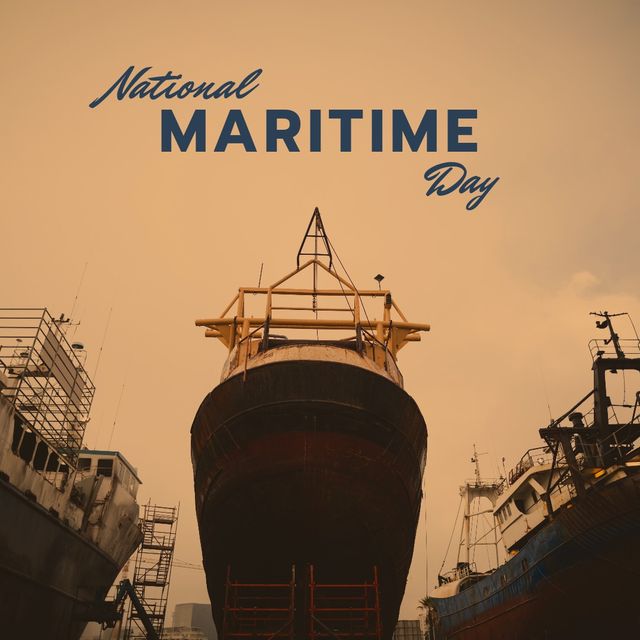 Composite of national maritime day text with ships at commercial dock in background, copy space. national maritime day, shipping and holiday concept.
