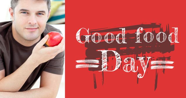 Digital composite image of caucasian man holding fruit wit good food day text on red background - Download Free Stock Photos Pikwizard.com