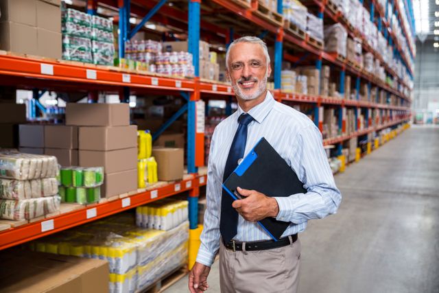 Business man is smiling during his work in a warehouse 