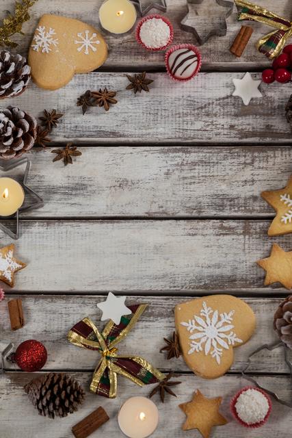 Christmas cookies with various types of decoration on a plank
