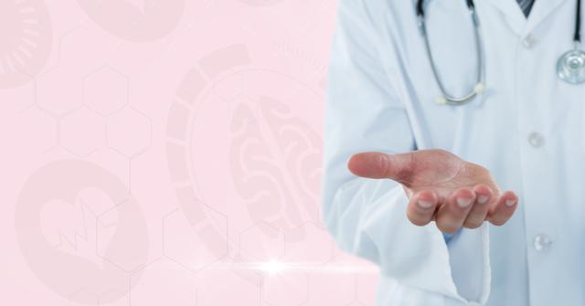 Digital composite of Doctor inviting you to holding his hand with pink background