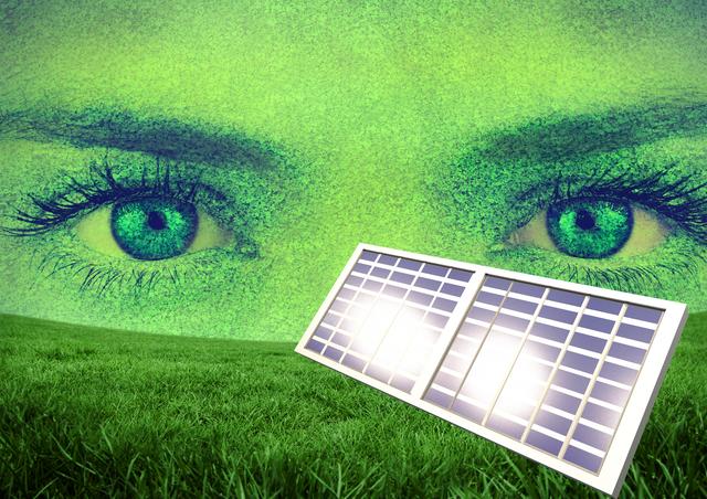 Solar panel with field and womans eyes in the background - Download Free Stock Photos Pikwizard.com