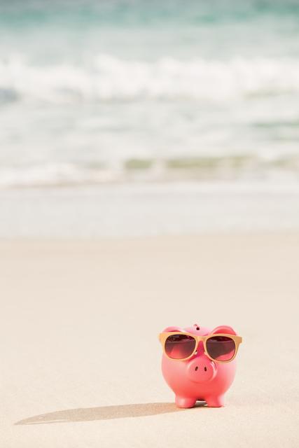 Summer piggy bank with sunglasses on sand - Download Free Stock Photos Pikwizard.com