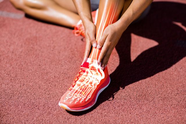 Low section of athlete suffering from pain on track during sunny day