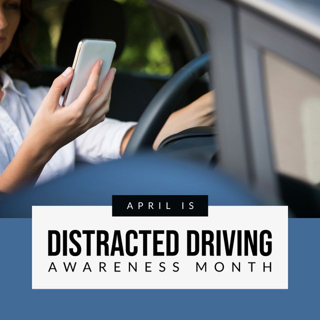 Composition of distracted driving awareness month text over caucasian woman using smartphone in car. Distracted driving awareness month and celebration concept digitally generated image.