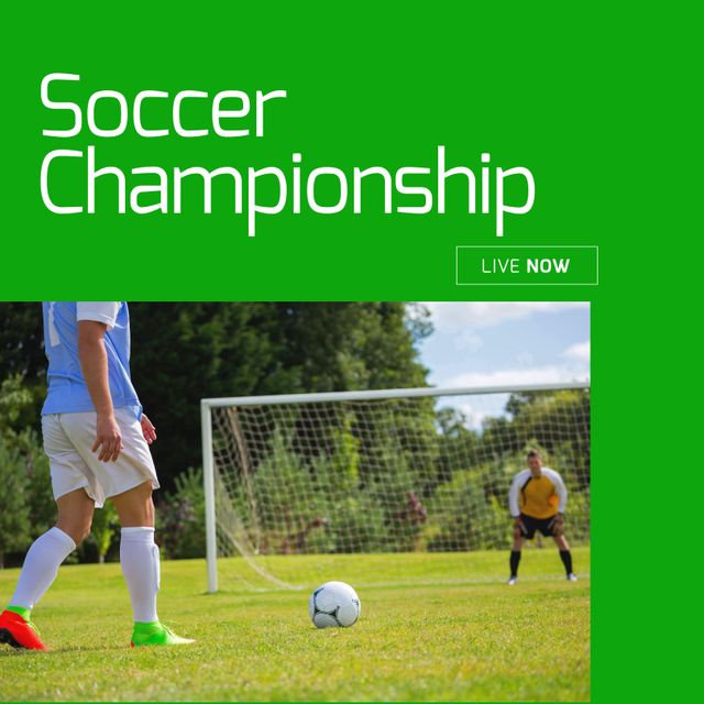 Composition of soccer championship text with caucasian male football players at pitch. Soccer championship and celebration concept digitally generated image.