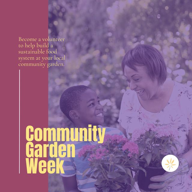 Composition of community garden week text and copy space on purple background. Community garden week, gardening and sustainability concept digitally generated image.