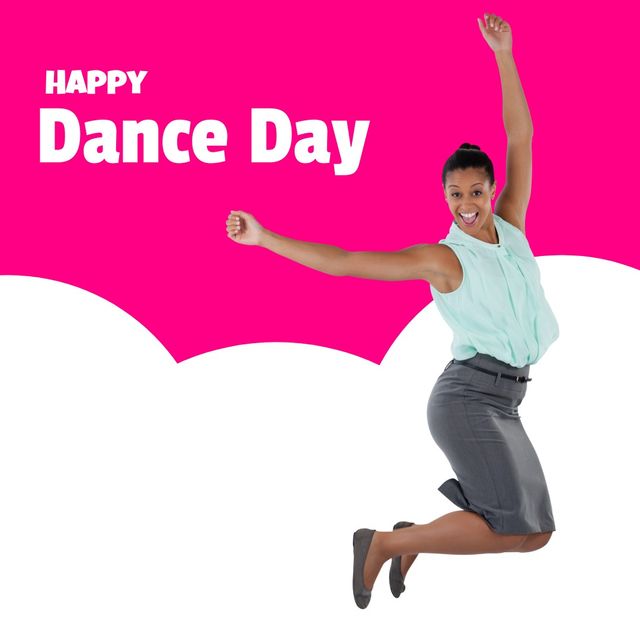 Happy dance day text over pink banner over african american woman dancing against white background. Happy dance day awareness concept