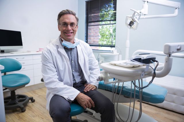Portrait of smiling dentist sitting on chair - Download Free Stock Photos Pikwizard.com